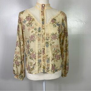 Vintage Floral Victorian style Lace Trim Blouse Sz S